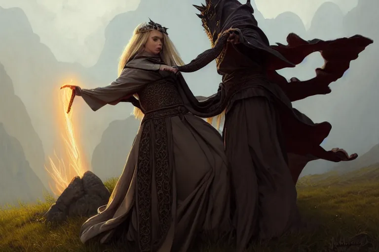 Prompt: mage fighting a dragon, gothic cloth mantle, blonde braided hair mage wearing gothic robe, misty mountain, movie action still frame, wide horizon, intricate, elegant, highly detailed, hyper realistic, digital painting, concept art, smooth, sharp, focus, illustration, art by artgerm, greg rutkowski, ilya kuvshinov, alphonse mucha