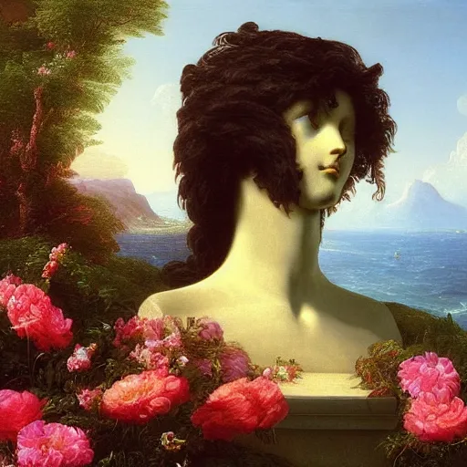 Image similar to Thomas Cole, Thomas Cole, award winning masterpiece with incredible details, Thomas Cole, a surreal vaporwave vaporwave vaporwave vaporwave vaporwave painting by Thomas Cole of an old pink mannequin head with flowers growing out, sinking underwater, highly detailed Thomas Cole