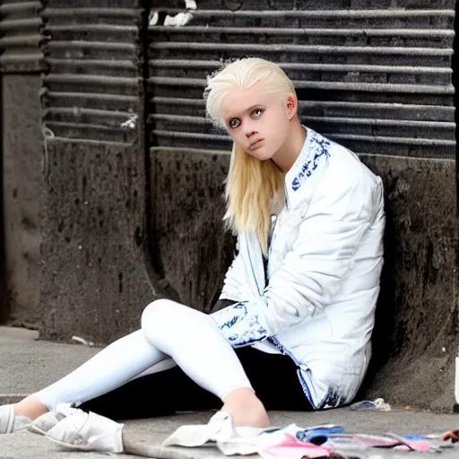 Prompt: Aristocratic platinum-blonde-haired hime-cut blue-eyed 19-year-old French princess wearing white leggings and black jacket, homeless, destitute, sitting under bridge, cinematic