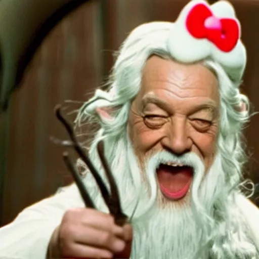 Prompt: portrait of Gandalf dressed up as hello kitty,smiling kindly, movie still from Lord of the Rings