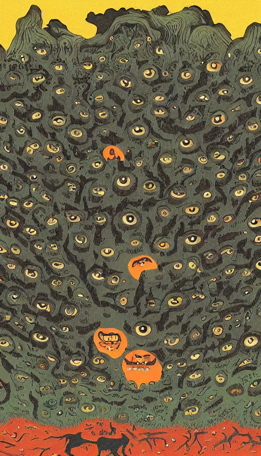 Image similar to a storm vortex made of many demonic eyes and teeth over a forest, by kurzgesagt,