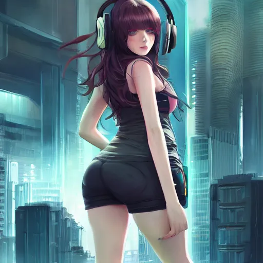 Image similar to beautiful full portrait of a girl, brunette curvy long hair, full - body shot, wearing cyberpunk headphones, streetwear, like a fashion model + high detailed, resolution beautifully detailed landscape 8 k, cinematic, 8 k, by bukurote + krenz cushart + ryota - h + wlop