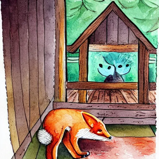 Prompt: fox in a hen house, watercolor illustration,