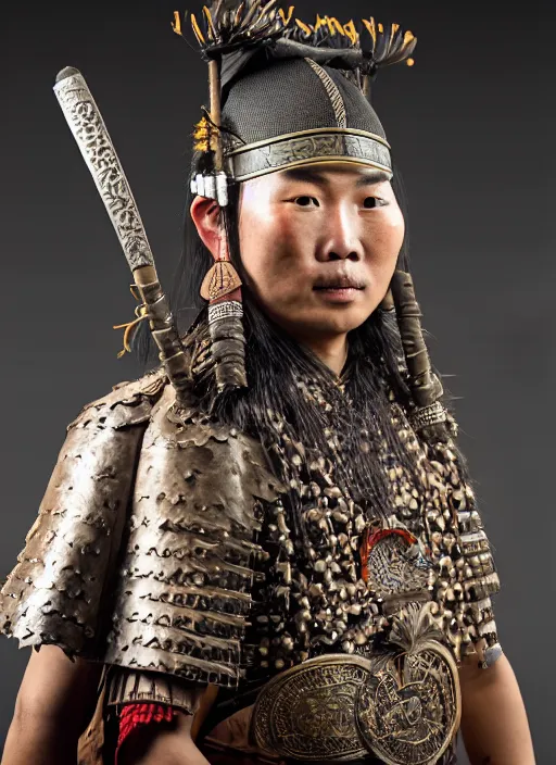 Prompt: tai warlord closeup portrait, historical ethnic group, traditional tai costume, bronze headset, leather armor, fantasy, intricate with dong son bronze artifacts