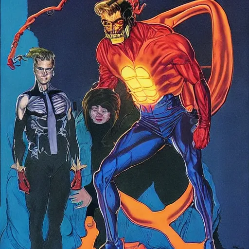 Prompt: supervillain ripped physique portrait Jeremy Irons donning a bizarro costume whilst brandishing a red glowing x-ray norman rockwell jean sebastien rossbach jeff easley jen bartel