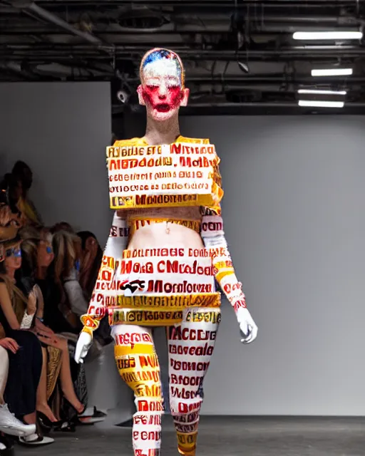 Image similar to olivia wearing an outfit made of mcdonalds wrappings, runway model at new york fashion week, normal physique, black hair, freckles, pale skin, half body shot, photo by greg rutkowski, stage lighting, soft colors, intricate detail, elegance, 3 5 mm, depth of field, masterpiece