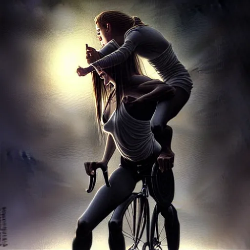 Prompt: portrait of woman riding a man like a bicycle, dark, piercing eyes, exotic expression, esoteric clothing, photorealistic, highly detailed, mysterious lighting, artstation, smooth, sharp focus, art by michael whelan, artgerm, greg rutkowski and luis royo