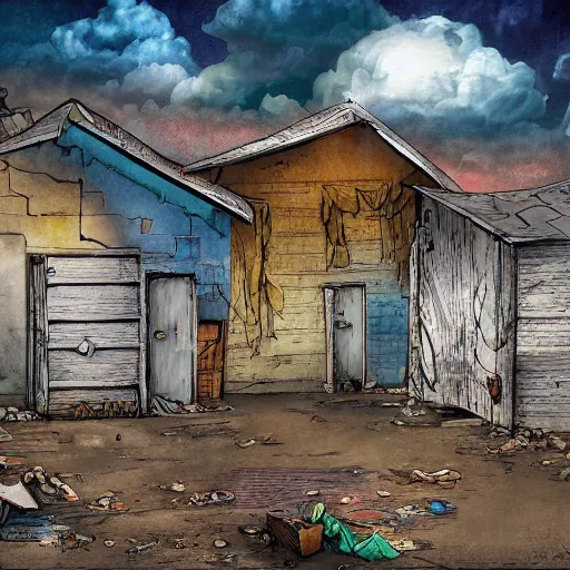 Image similar to the slums just outside the pearly gates to the kingdom - of - heaven - in - the - clouds, digital art