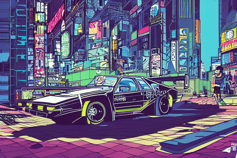 Image similar to 1985 Vector W8 Twin Turbo, city in anime cyberpunk style by Hayao Miyazaki