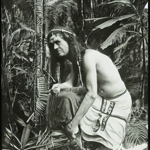 Image similar to lost film footage of a sacred in the middle of the ( ( ( ( ( ( ( ( ( tropical jungle ) ) ) ) ) ) ) ) ) / ethnographic object / tribal / sacred / film still / cinematic / enhanced / 1 9 0 0 s / black and white / grain