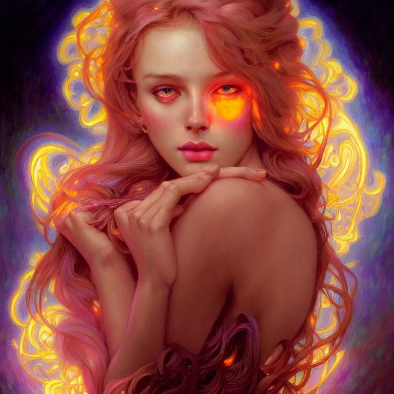 Image similar to bright asthetic portrait LSD glowing backlit, fantasy, intricate, elegant, dramatic lighting, highly detailed, lifelike, photorealistic, digital painting, artstation, beautiful woman, gorgeous face, illustration, concept art, smooth, sharp focus, art by John Collier and Albert Aublet and Krenz Cushart and Artem Demura and Alphonse Mucha