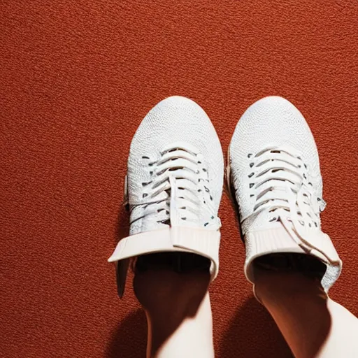 Image similar to a studio photoshoot of Nike sneakers designed by Tom Sachs, cream leather with knitted mesh material, gum rubber outsole, realistic, color film photography by Tlyer Mitchell, 35 mm, graflex