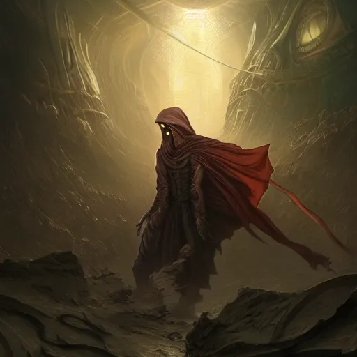 Image similar to mysterious male rogue wearing a cloak on an alien world, covered face, stern expression, main character, detailed, sci - fi, digital painting, artstation, sharp focus, illustration, artgerm, tomasz alen kopera, peter mohrbacher, donato giancola, joseph christian leyendecker, wlop, frank frazetta