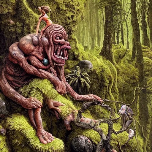 Prompt: a troll on a rock in a forest, bloated, fluid, smooth, organic, crazy, bright, colours, tumours, high contrast, sharpness, dramatic, very detailed, intricate, by giger and corben and moebius and beksinski and bosch and bacon