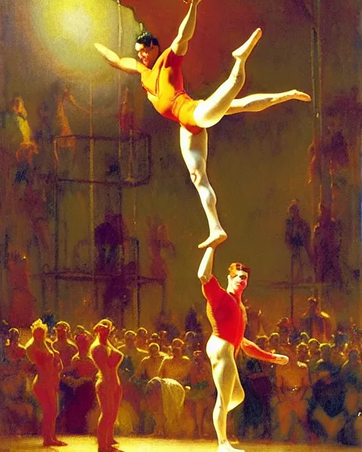 Image similar to attractive male acrobat performing trips from the highwire in the center ring of a three ring circus, the crowd looks on in excitement, spotlight on the acrobat, bright colors, painting by gaston bussiere, craig mullins, j. c. leyendecker