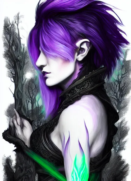 Image similar to side portrait dark witch, adventurer outfit large cloak, fantasy forest landscape, dragon scales, fantasy magic, undercut hairstyle, short purple black fade hair!!!!!!, dark light night, intricate, elegant, sharp focus, illustration, highly detailed!!!!!!!, digital painting, concept art, green neon smoke, matte painting, art by WLOP and Artgerm and Greg Rutkowski and Alphonse Mucha, masterpiece