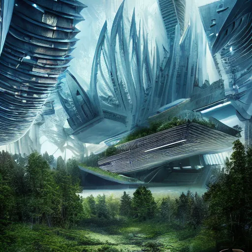 Image similar to future city covered by forest, trees, plant, broken buildings, doom of the gods, monster, gravity mess, star trek, glory war, photograph, cinematic matte painting, zaha hadid building, photo realism, desolate glacial landscape