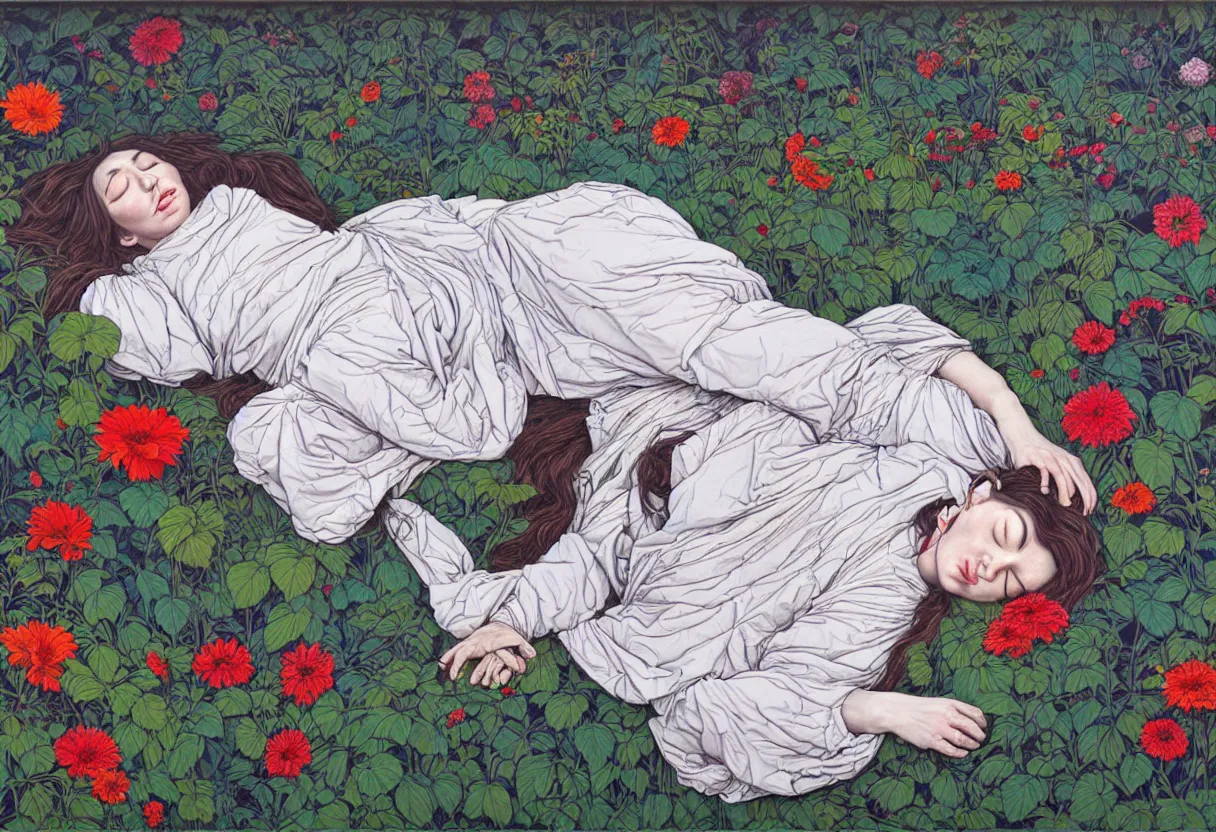 Image similar to portrait of kate bush sleeping in a garden by james jean