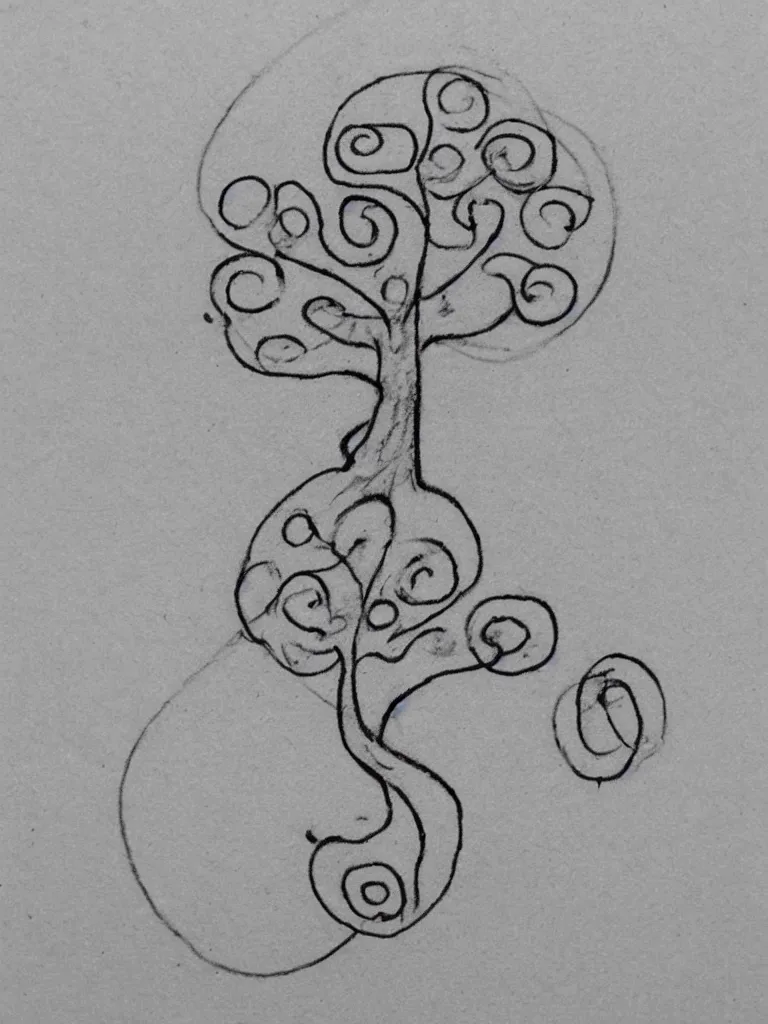 Prompt: a sketch of an acorn that turns into a tree in the shape of a treble clef with a zigzag line in the middle, single line drawing