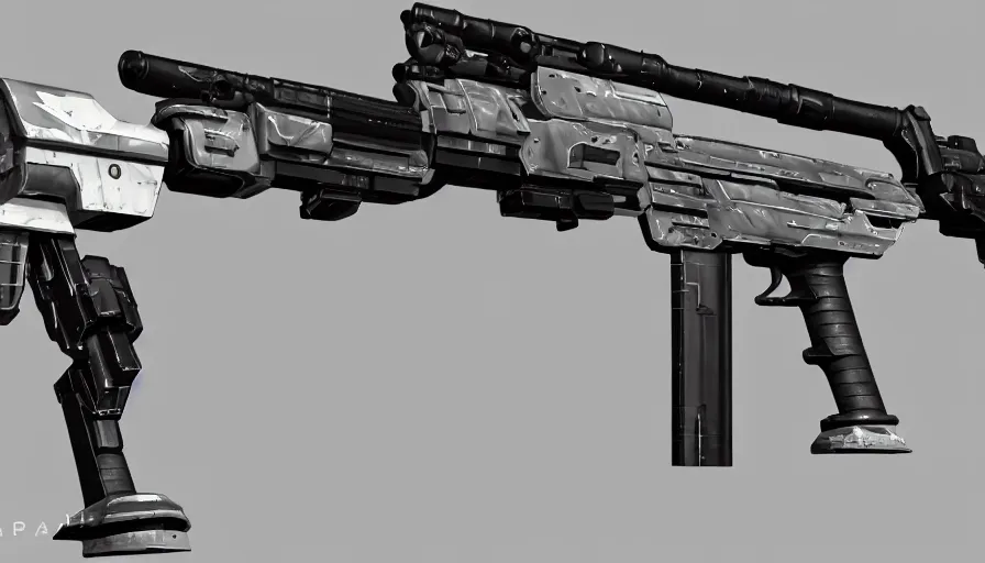 Image similar to extremely detailed realistic side view of a sci fi light machine gun, detailed trigger, chemically propelled, pattery powered, smooth streamline, battery and wires, railgun, tribarrel, gauss, elegant sleek smooth body, white paint, smooth utopian design, ultra high quality, minimalist, octane, cod, destiny, warframe, terminator