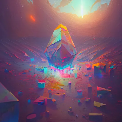 Image similar to highly detailed happy abstract geometric painting, stephen bliss, unreal engine, greg rutkowski, loish, rhads, beeple, makoto shinkai and lois van baarle, ilya kuvshinov, rossdraws, tom bagshaw, global illumination, detailed and intricate environment