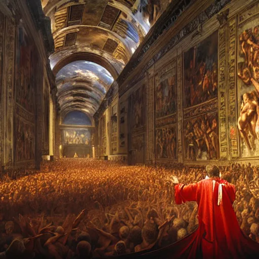 Image similar to the sistine chapel breaks open in half in the ceiling as a red magical portal from hell opens up, lucifer morningstar emerges along with hordes of demons, the priests and the pope look at the scene with terror in their eyes. highly detailed painting by gaston bussiere, greg rutkowski, craig mullins 8 k