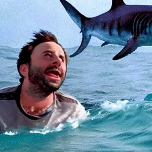 Image similar to Charlie Day from IASIP being eaten by a shark in the ocean.