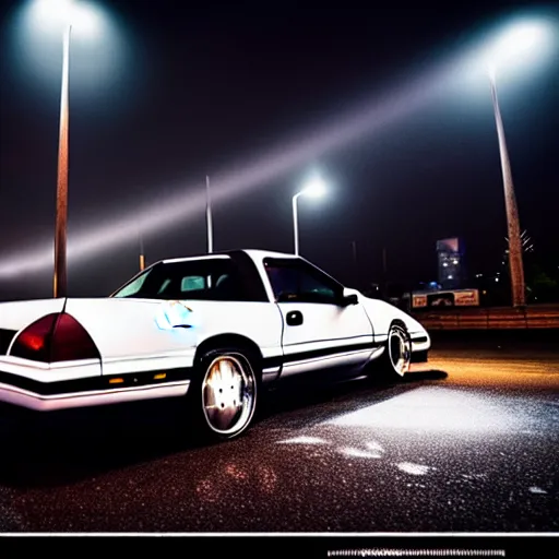 Image similar to a black 1990 Ford thunderbird sc at illegal car meet, Chiba prefecture, city midnight mist lights, cinematic color, photorealistic, highly detailed wheels, 50MM