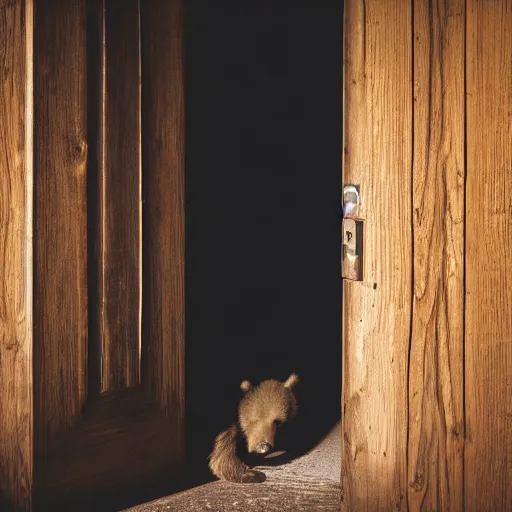 Image similar to dark photograph of a small bear mascot walking through a large wooden doorway