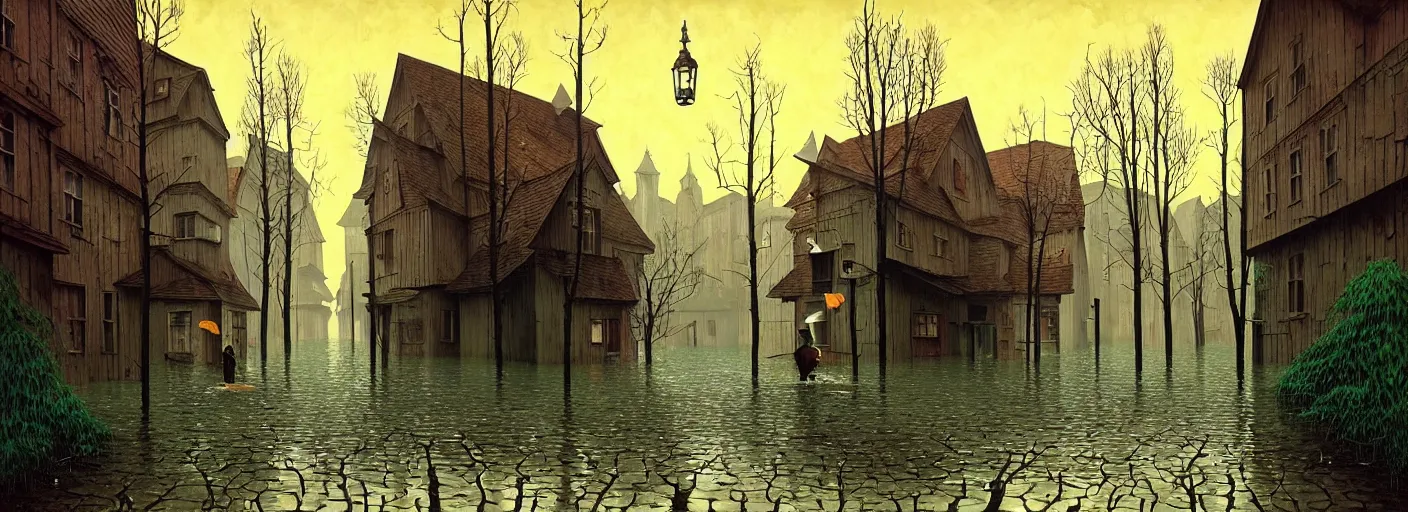 Image similar to flooded! old dark scary wooden empty cursed town street entance, very coherent and colorful high contrast masterpiece by gediminas pranckevicius rene magritte norman rockwell franz sedlacek, full - length view, dark shadows, sunny day, hard lighting, reference sheet white background