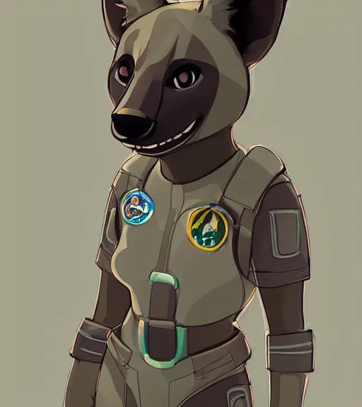 Prompt: full body digital artwork of furry female hyena, in style of zootopia, fursona, furry, furaffinity, deviantart, wearing astronaut outfit, floating in space, detailed face, style of artgerm,