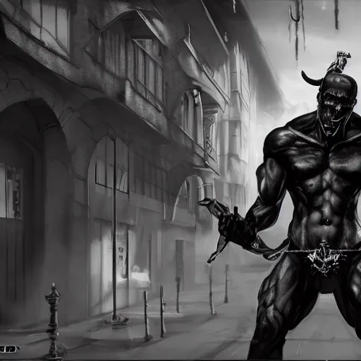 Image similar to black and white muscular demon man holding bayonet knife exploring urban environment, concept art trending on art station 4k award-winning unreal engine