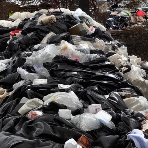 Image similar to photograph of a mountain of garbage bags, cinematic, beautiful melancholic