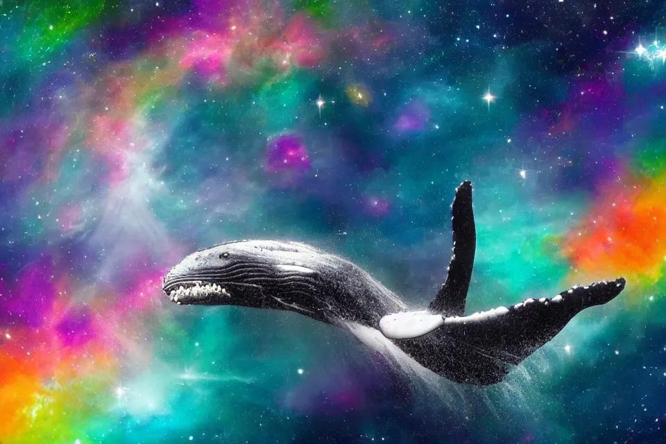 Prompt: a beautiful humpback whale swimming through a colorful nebula in space