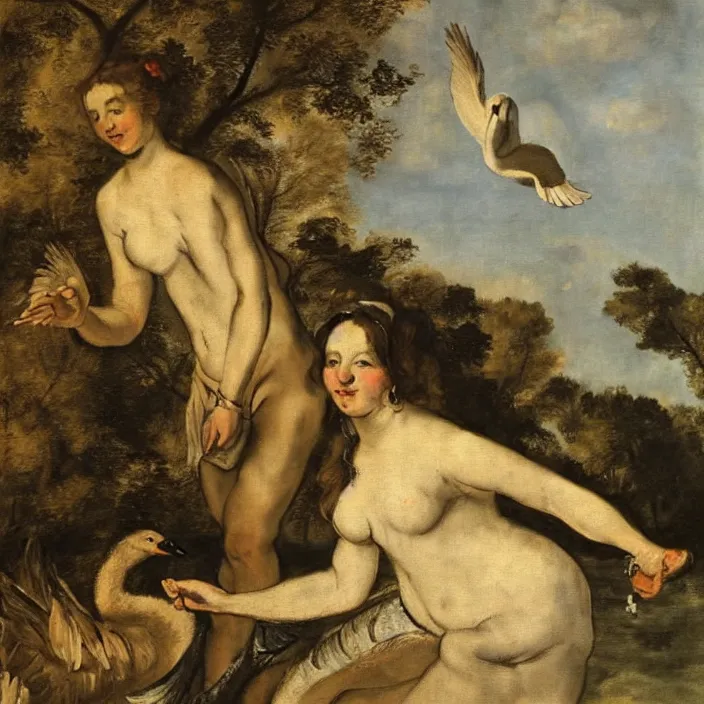 Image similar to leda with swan in a stunning landscape, golden light in center of painting, oil painting by frans hals