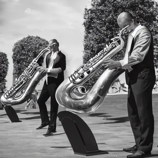 Prompt: a man playing three saxophones at the same time