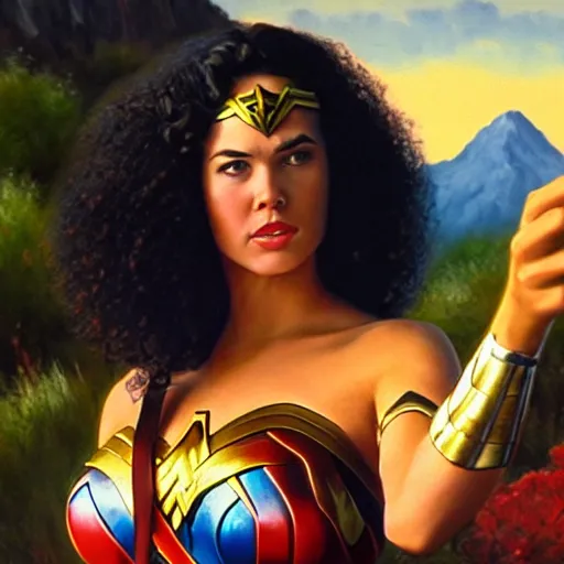 Image similar to a closeup photorealistic photograph of bob ross working on a canvas painting of wonder woman. film still. brightly lit scene. mountains and trees. this 4 k hd image is trending on artstation, featured on behance, well - rendered, extra crisp, features intricate detail, epic composition and the style of unreal engine.