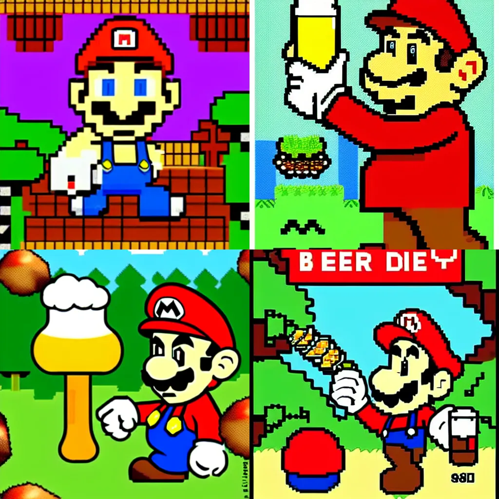 Image similar to beer, drunk mario drinks beer in forest with mushrooms and big fly agaric, 8 bit, cartoon