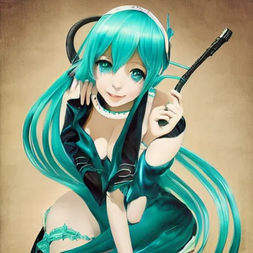 Image similar to Hatsune Miku by Elvgren, Moran, Vargas