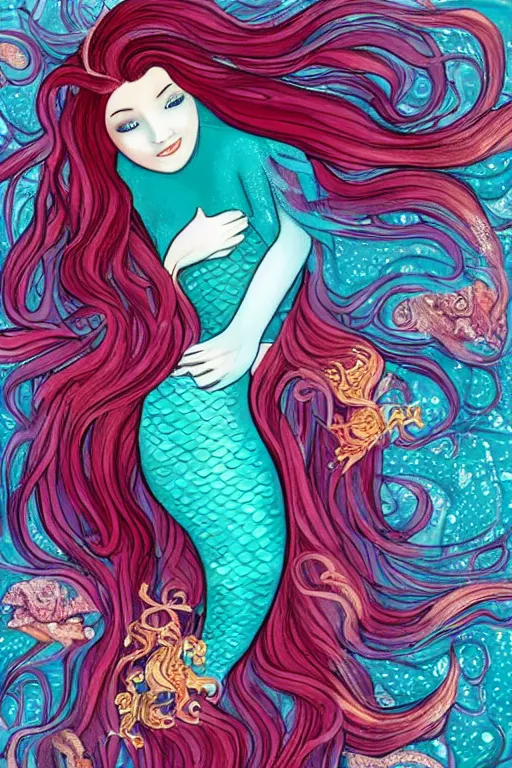 Prompt: mermaid , underwater, a stunning beautiful woman with long ombre auburn hair wearing a flowing silk dress, abundant detail, tiny octopuses and flowers in her hair