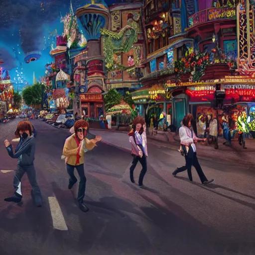 Image similar to beatles at disneyland, hyper detailed, dramatic lighting, cgsociety, realistic, hyper detailed, insane details, intricate, dramatic lighting, hypermaximalist, golden ratio, rule of thirds, octane render, weta digital, micro details, ultra wide angle, artstation trending, 8 k,