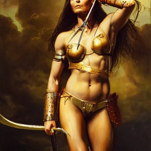 Image similar to the portrait of jessica ennis hill as amazon warrior in bikini by roberto ferri, fantasy, witcher, very detailed oil painting, masterpiece, 8 k
