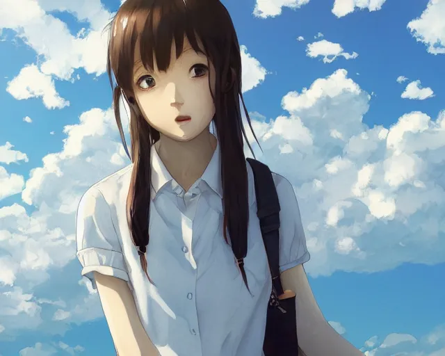 Image similar to teen looking at blue sky, wearing white shirt, back turned, looking up, illustration, by pine ( ハイネ ) and 薯 子 imoko and 香 川 悠 作 and wlop and maya takamura, highly detailed, trending artstation, pixiv, digital art