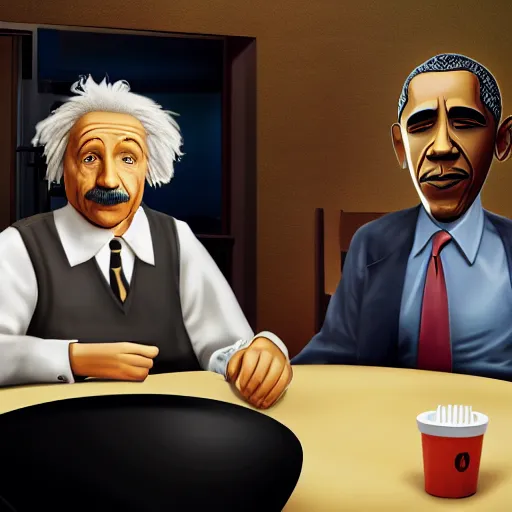 Image similar to Einstein and Obama sitting at McDonalds, ultra detailed, photorealistic, dramatic lighting