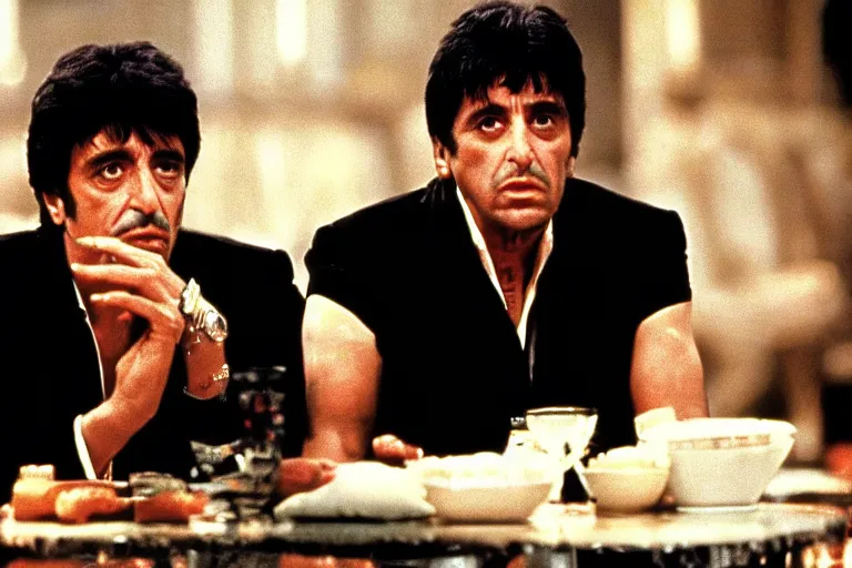 Image similar to tony montana from movie scarface 1 9 8 3 sitting behind a big black oak table with big large packages of flour. al pacino. perfect symmetric face, coherent eyes, medium shot, fine details, 4 k, ron cobb. last scene from scarface movie, bokeh