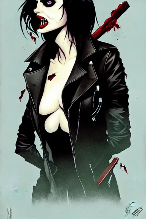 Image similar to rafael albuquerque comic art, peter mohrbacher, phil noto, steve niles, artgerm, pretty willa holland vampire sharp vampire teeth open mouth, symmetrical eyes, black leather jacket, jeans, long black hair