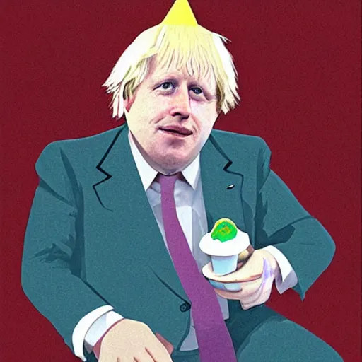 Image similar to Illustration of Boris Johnson, sat in a lounge on his own, wearing a birthday party hat and crying by Roger Dean