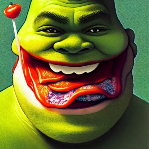 Image similar to prompt : shrek eating burger portrait soft light painted by james jean and katsuhiro otomo and erik jones, inspired by akira anime, smooth face feature, intricate oil painting, high detail illustration, sharp high detail, manga and anime 1 9 9 9