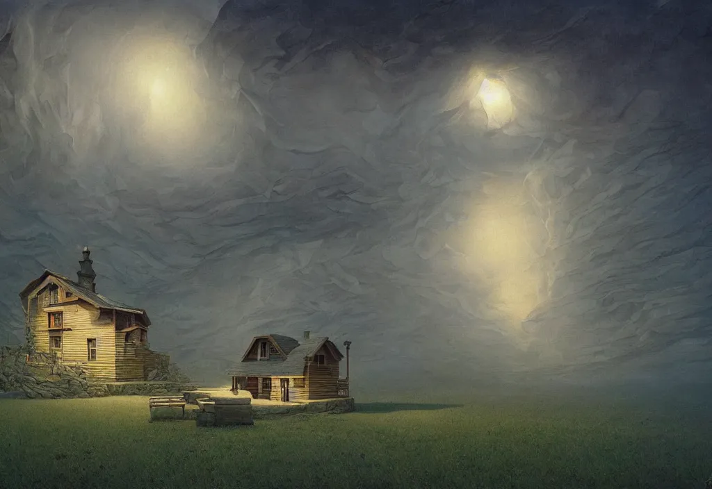 Prompt: a surreal cabin, art by james gurney and greg rutkowski, surrealism by salvador dali, very detailed, high resolution, inspired by rene magritte, volumetric lighting