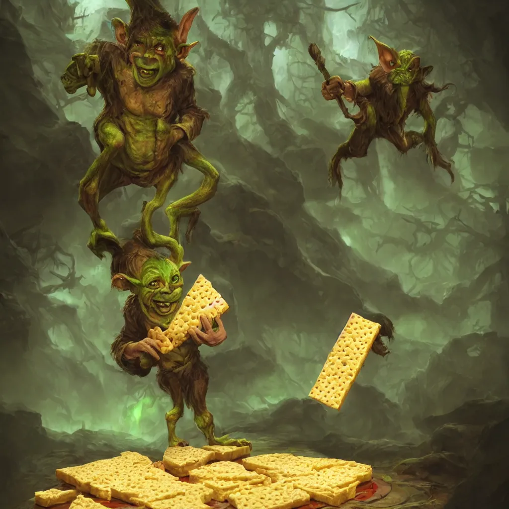 Image similar to Photorealistic fantasy painting of one single D&D goblin holding swiss cheese. Ominous green mist in the background. Magical occult photorealism, UHD, amazing depth, glowing, golden ratio, 3D octane cycle unreal engine 5, volumetric lighting, cinematic lighting, cgstation artstation concept art